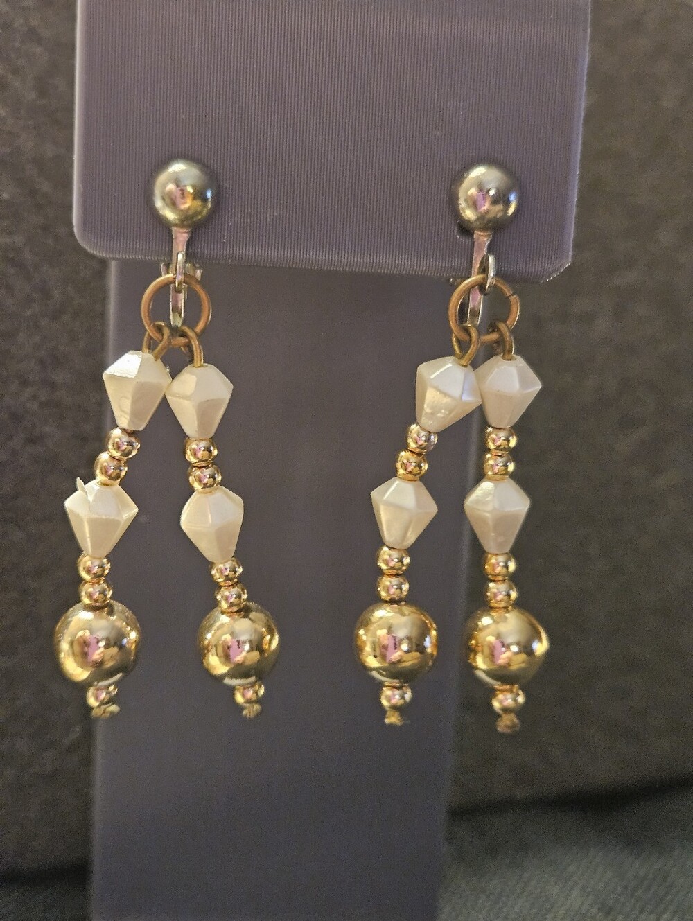 Gold and Cream Drop Bead Dangle Clip On Earrings